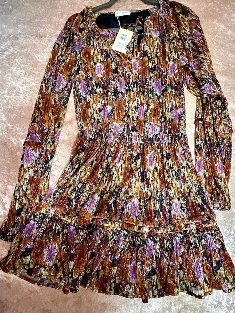 Ramy Brook Twilight Aaliyah Metallic Long Sleeve Chiffon Minidress Floral Mini
